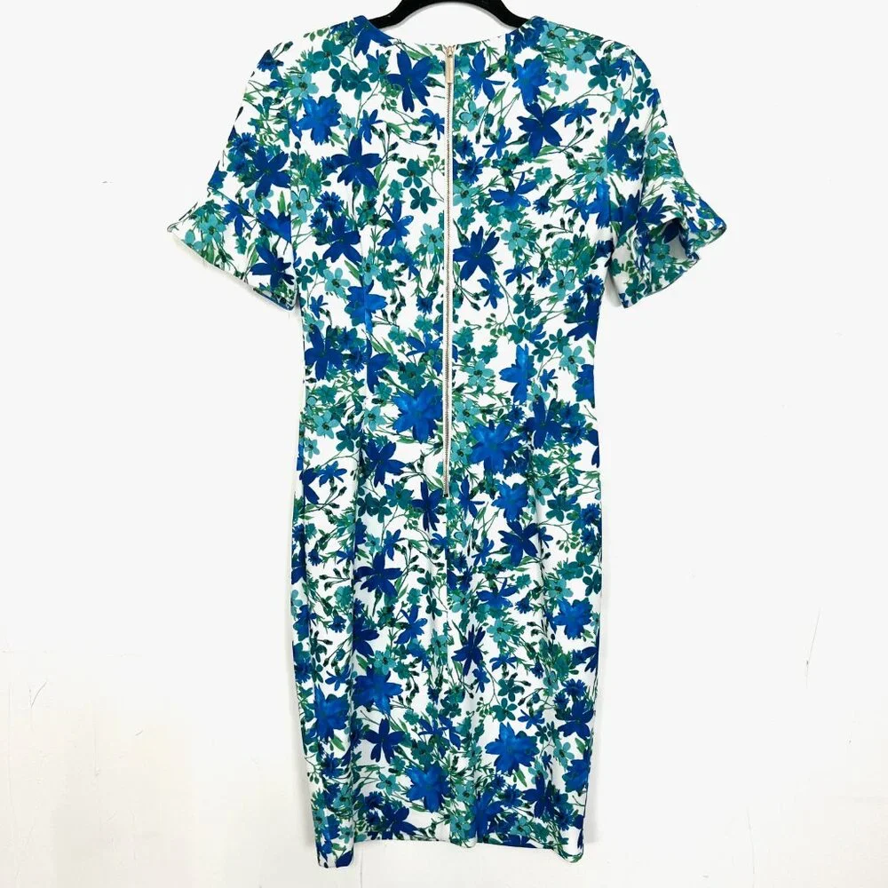 Calvin Klein Blue Green Floral Sheath Dress Ruffle Short Sleeve 4 Small mc - Picture 3 of 5